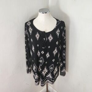 Style & Co Woman 2X Black Geometric Southwestern Lace Up Long Sleeve Tunic Top